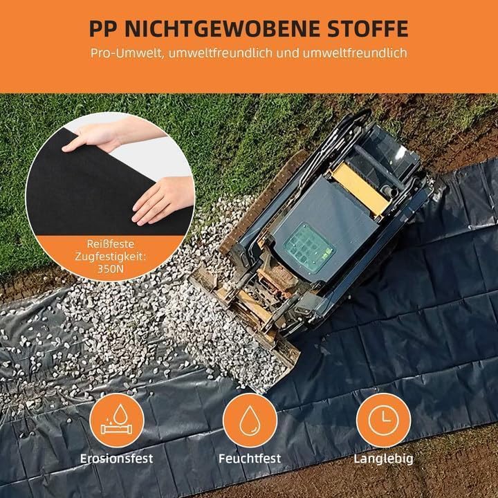 Toile de paillage GARVEE, géotextile de jardin 91,5 x 3048 cm, polypropylène 8 oz, résistance à la traction 350 N, capacité de charge 440 N, drainage, protection contre l'érosion, stabilisation des allées et routes