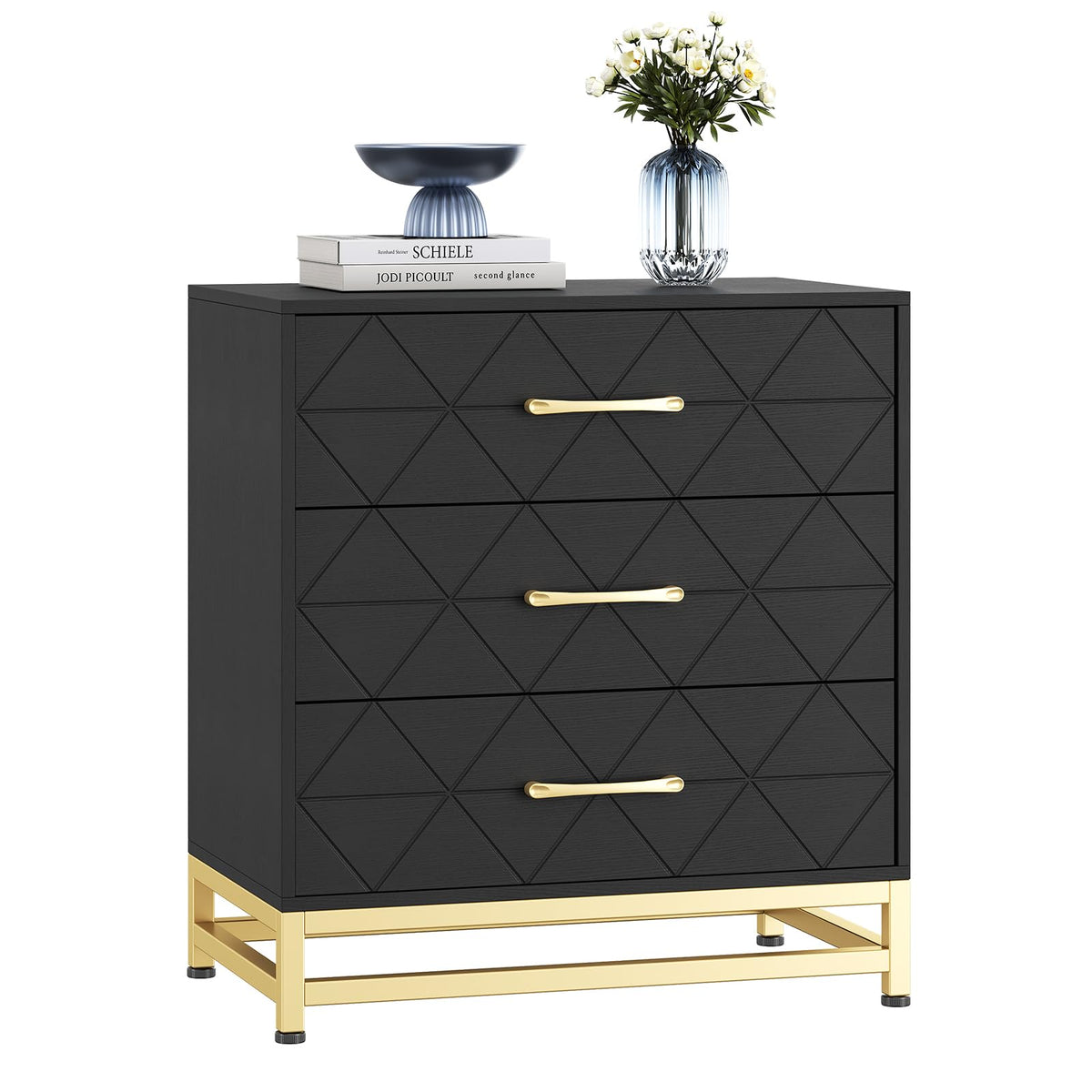 Garvee commode en bois pour chambre, 3 tiroirs, MDF, noir, moderne, robuste, gain de place, salon, couloir