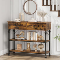Console Garvee pour entrée, étroite, avec 2 tiroirs, grande étagère, structure en métal, marron rustique, salon, entrée