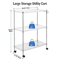 Chariot multifonctionnel Garvee à 3 niveaux avec roulettes, étagères réglables, structure en métal tressé, antirouille, pour cuisine et usage professionnel, 75 x 35 x 90 cm, chromé