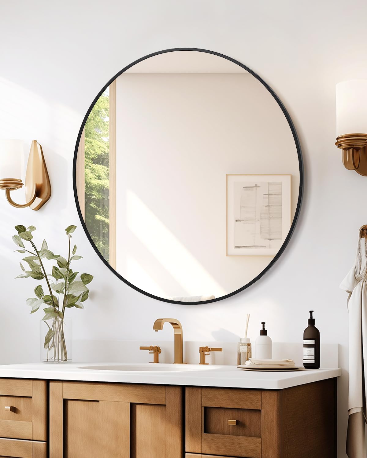 Miroir mural rond noir Garvee de 50 cm (20 pouces) avec cadre en métal pour salle de bain et salon, incassable, en aluminium, antirouille