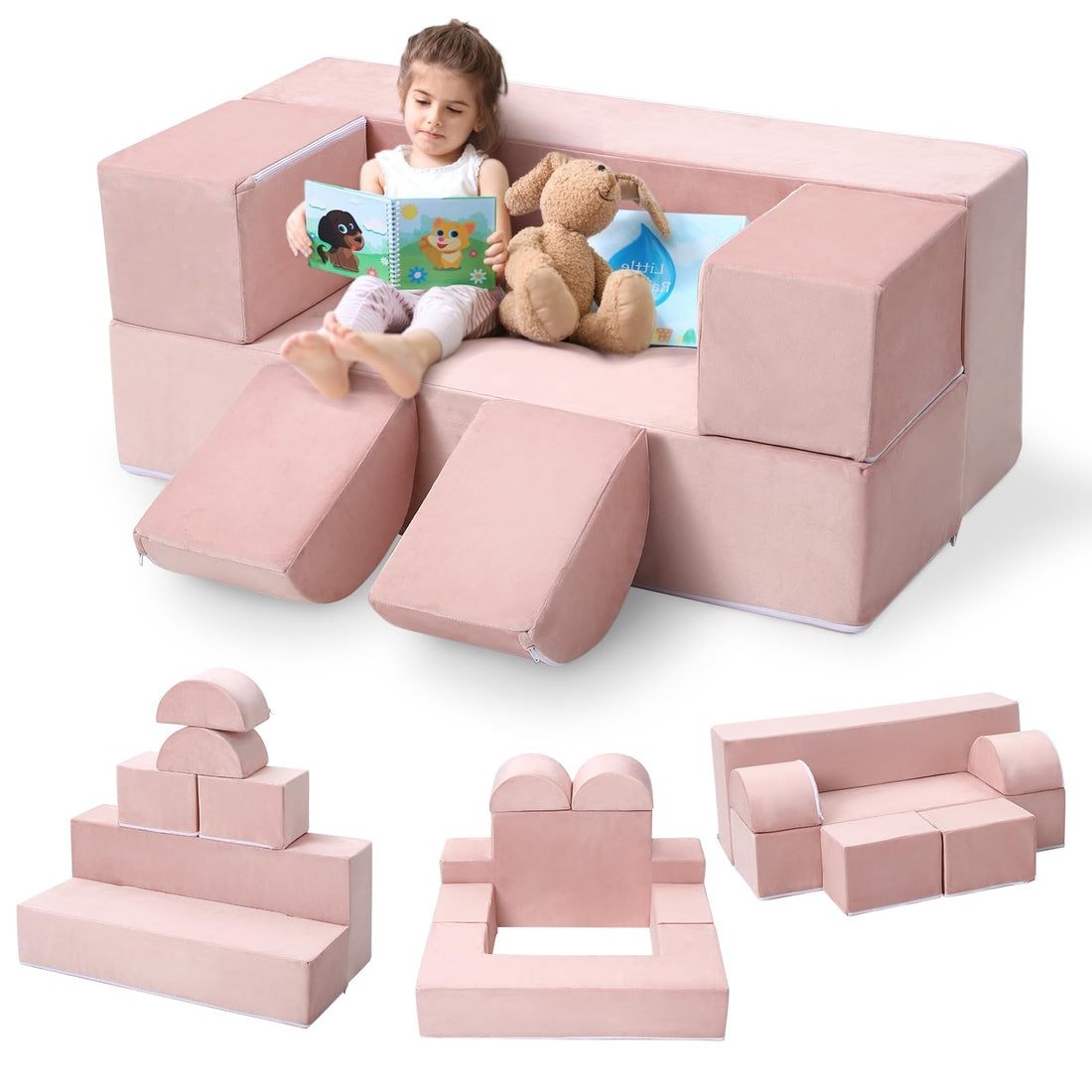 Canapé de jeu pour enfants Garvee, 6 pièces, modulaire, rose, housse en microfibre douce, pour salle de jeux, 100 x 50 x 40 cm