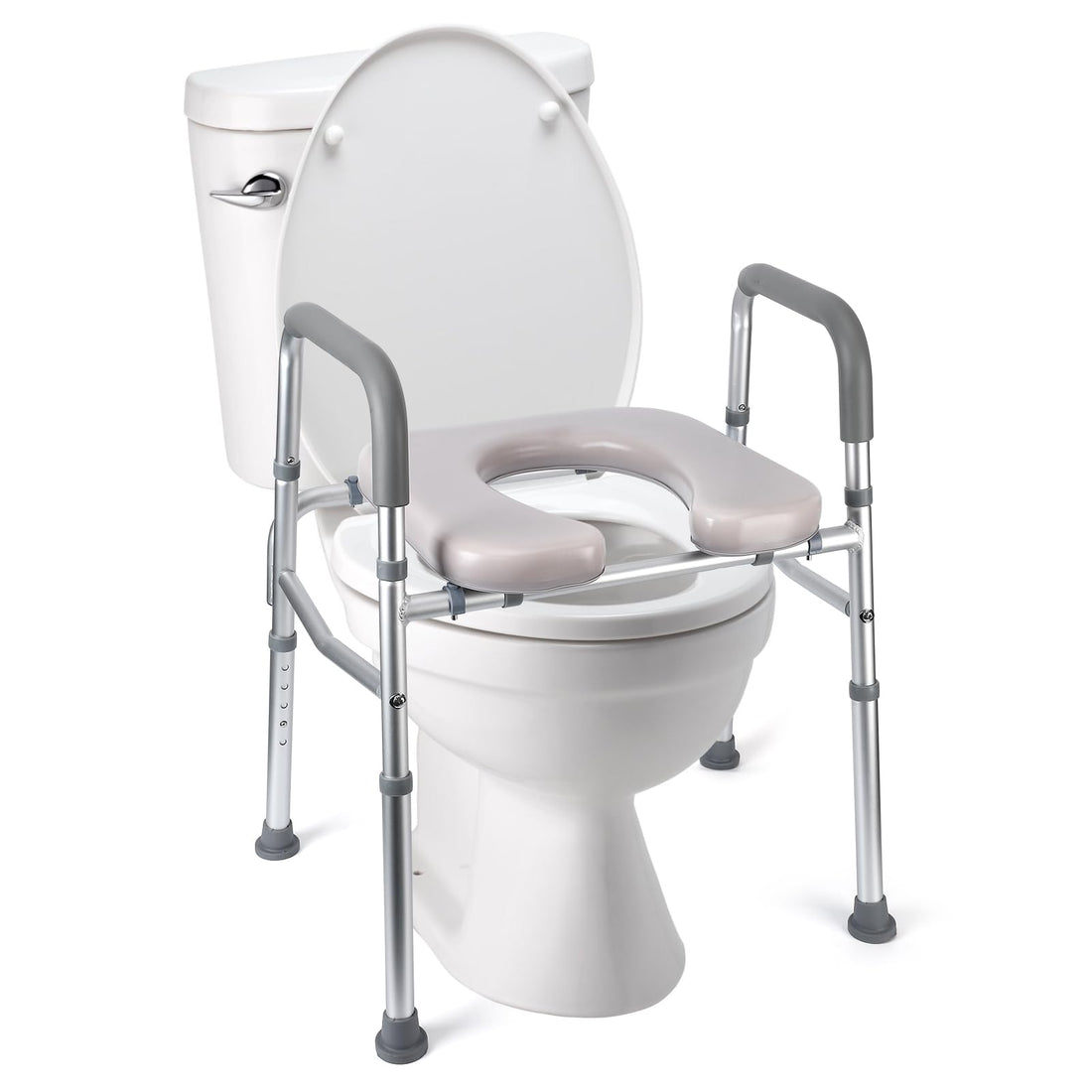 Siège de toilette surélevé Garvee avec cadre en aluminium, hauteur réglable, assise rembourrée, poignées pour personnes âgées et personnes handicapées, 45-55 cm, blanc