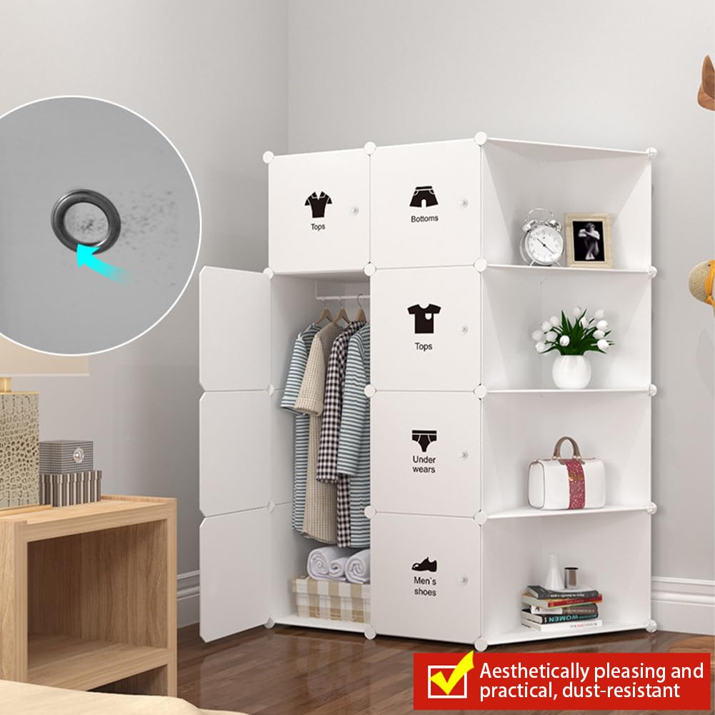 Armoire Garvee composée de 8 cubes avec portes et tringle à vêtements pour chambre à coucher, 75 x 47 x 111 cm, plastique blanc