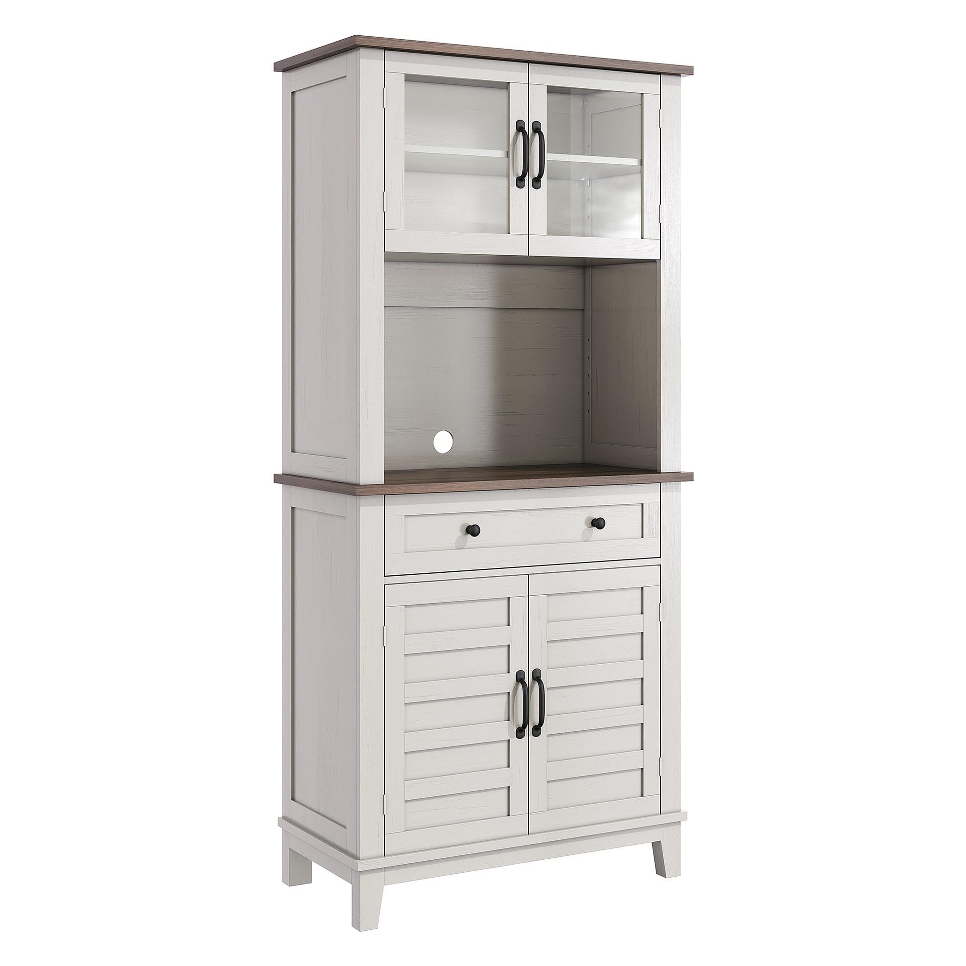 Armoire de cuisine Garvee de 183 cm de haut avec compartiment micro-ondes, espace de rangement, bois, tiroirs, portes vitrées, blanc, salle à manger