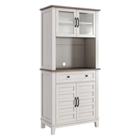 Armoire de cuisine Garvee de 183 cm de haut avec compartiment micro-ondes, espace de rangement, bois, tiroirs, portes vitrées, blanc, salle à manger