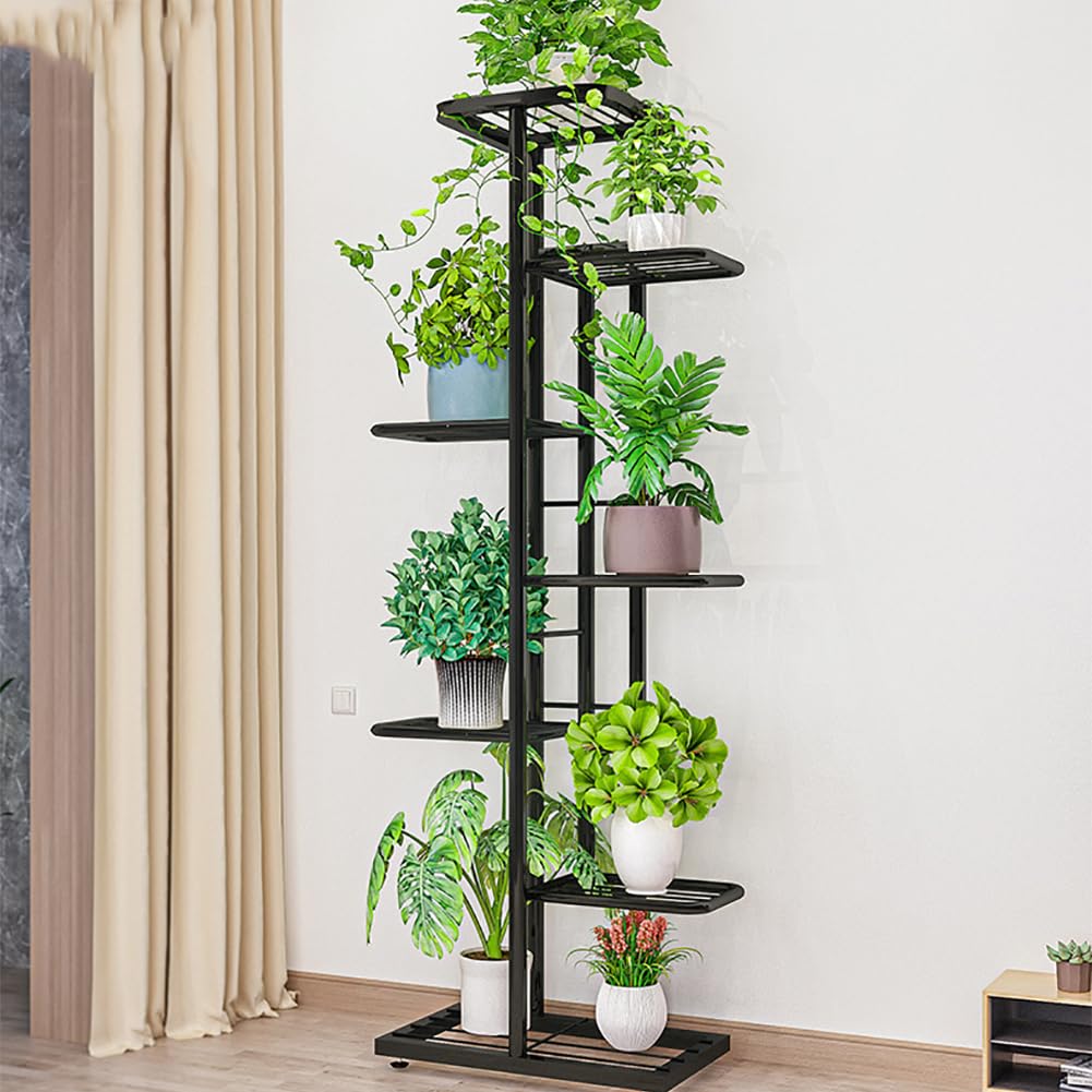 Support à plantes Garvee à 7 niveaux avec 8 pots, en métal, pieds réglables, pour intérieur et balcon, gain de place, noir