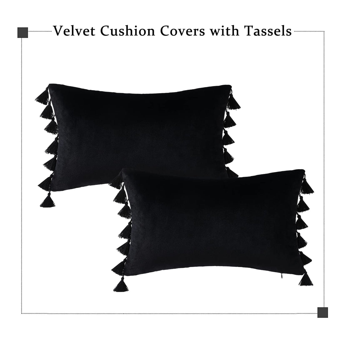 Garvee Coussin rectangulaire en velours avec pompons et fermeture éclair invisible, 30 x 50 cm, noir, pour salon