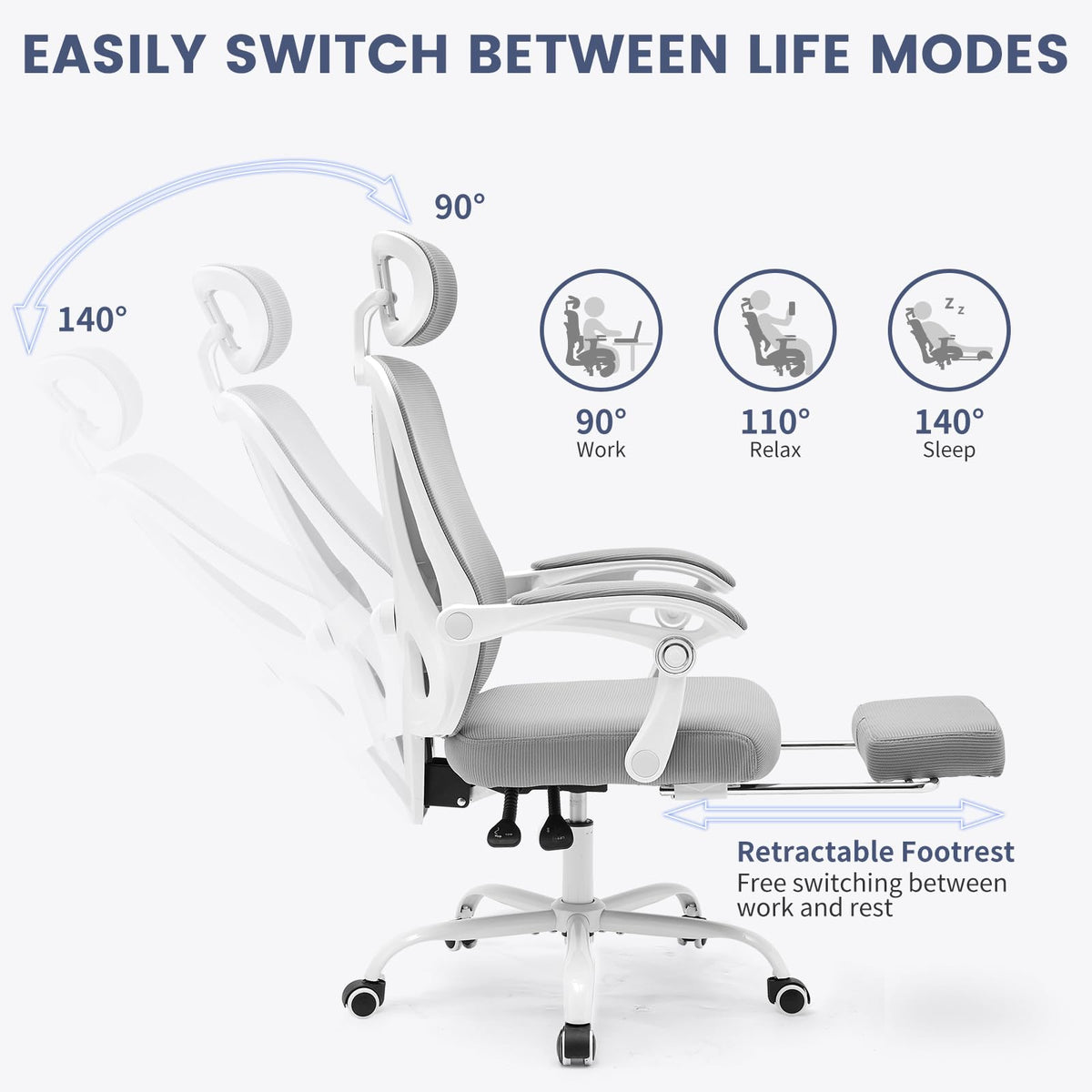 Garvee Chaise de bureau ergonomique en maille respirante et confortable, avec soutien lombaire et repose-pieds réglables