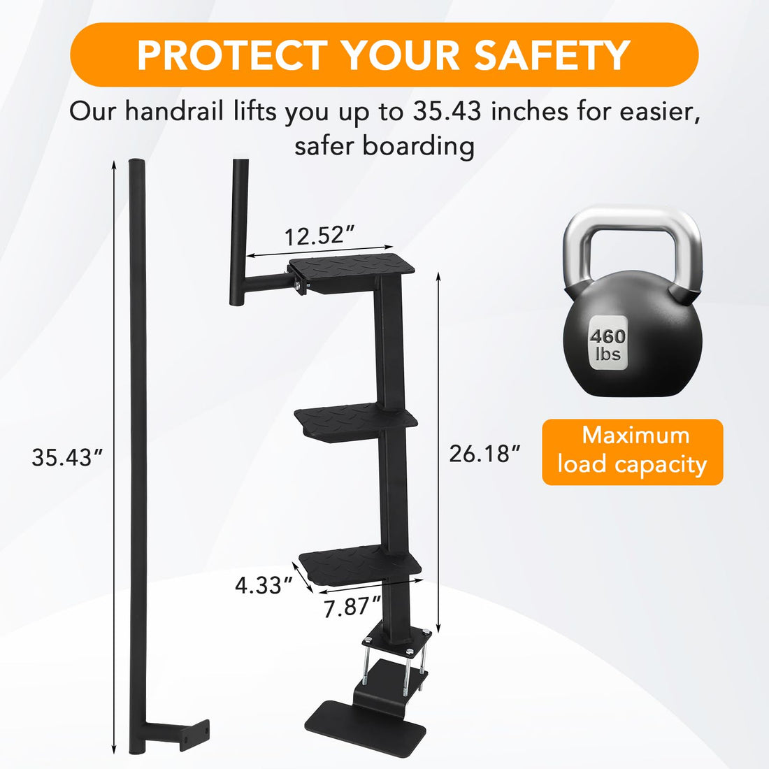 Échelle de remorque pour bateau Garvee à 3 marches avec poignée, surface antidérapante, acier, résistante aux intempéries, universelle, capacité de charge de 209 kg (460 lb), pour bateaux de pêche et de plaisance