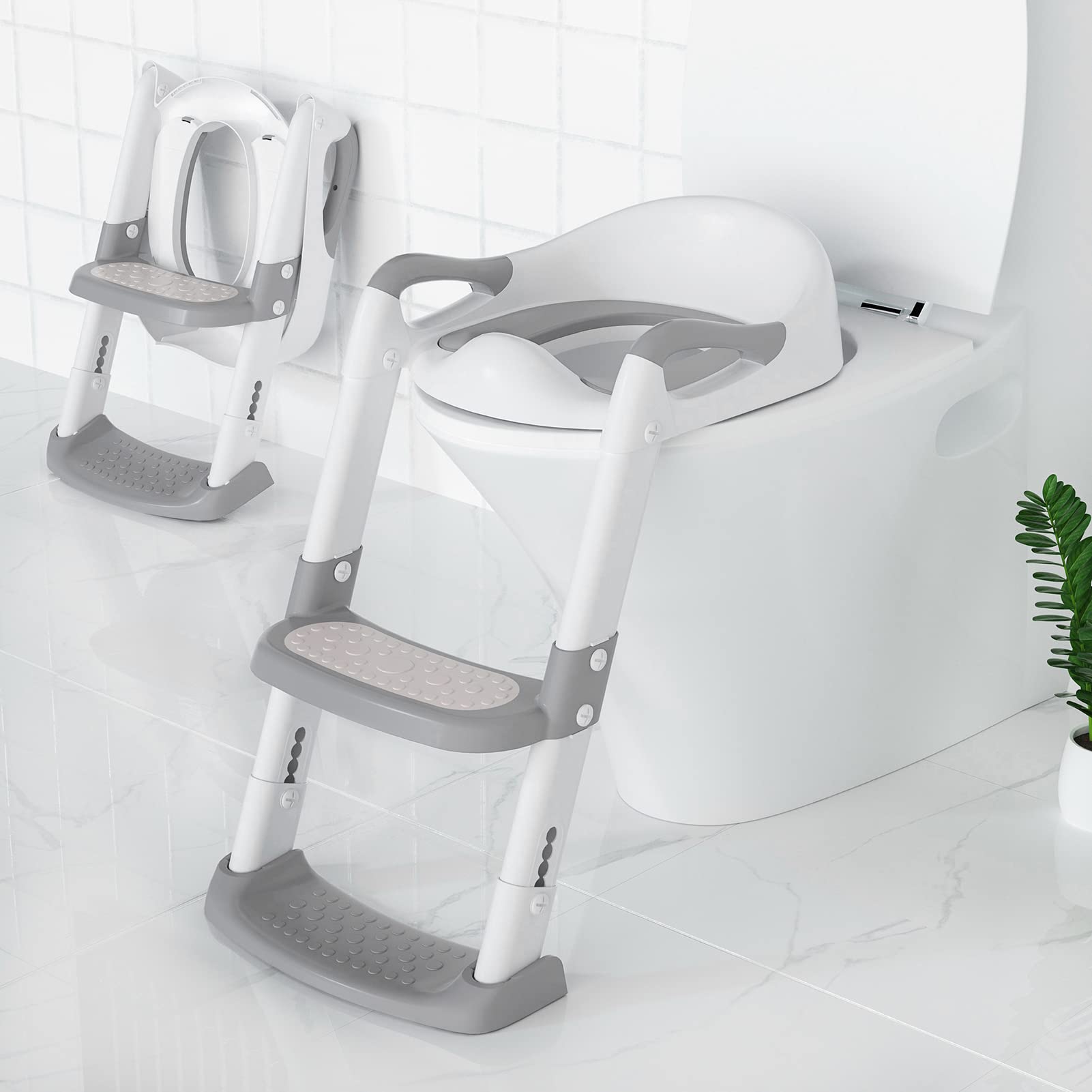 Siège de toilette enfant Garvee avec marchepieds, hauteur réglable, pliable, rembourré en PU, antidérapant, pour garçons et filles, blanc