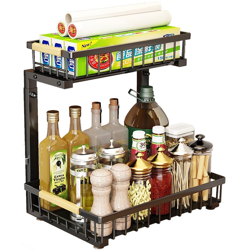Organisateur sous évier Garvee en forme de L avec étagère coulissante à 2 niveaux pour cuisine et salle de bain, hauteur réglable, antirouille, acier au carbone