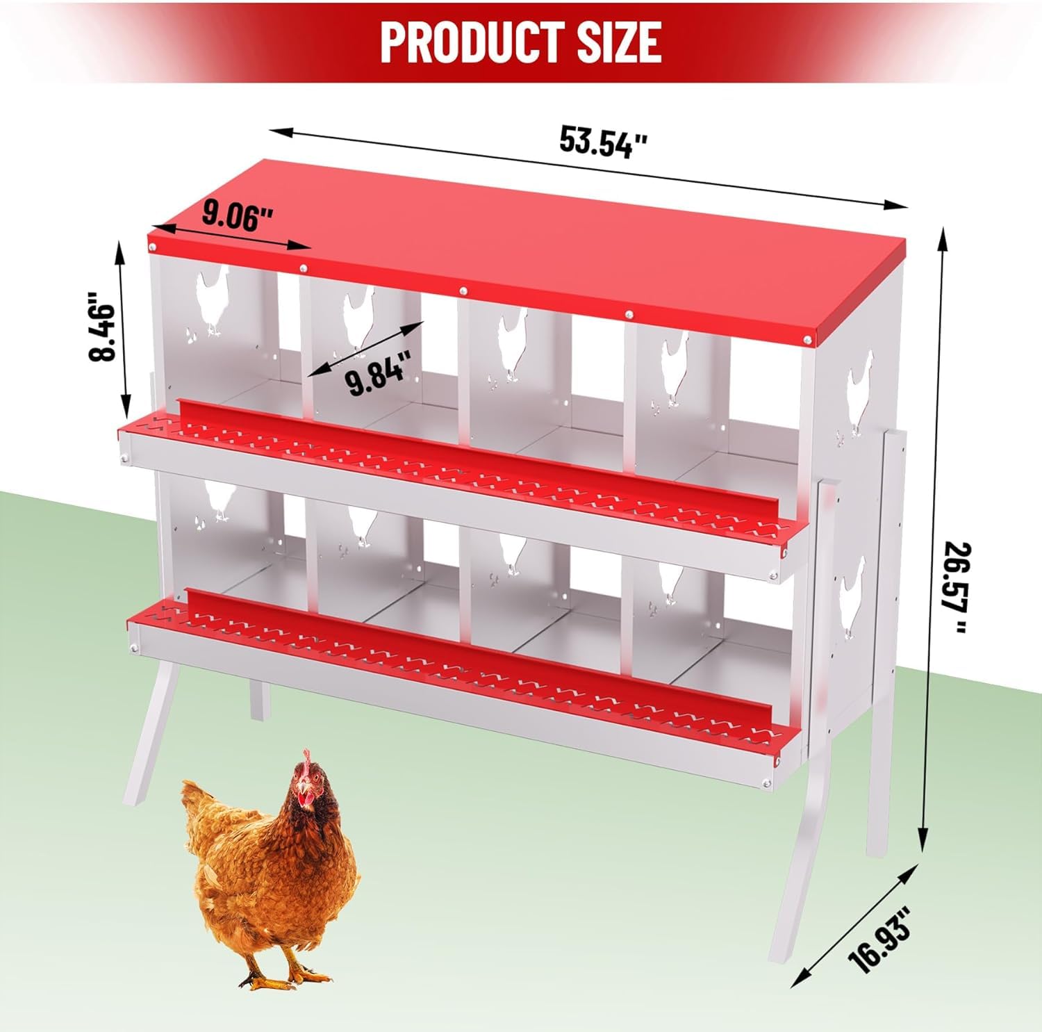 Garvee pondoir pour poules à 8 compartiments avec support métallique, acier galvanisé de 0,7 mm, système de collecte des œufs par roulement, perchoir et couvercle sécurisé, résistant aux intempéries, idéal pour poulaillers et fermes, rouge