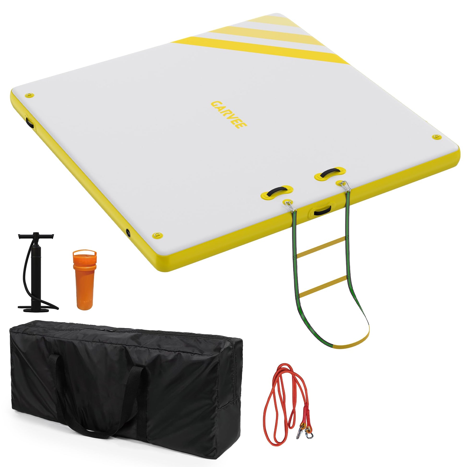 Plateforme flottante gonflable Garvee avec échelle de corde et anneaux en D en acier inoxydable pour piscine et plage, 3 m, 2,4 m, 1,8 m, antidérapante, en PVC durable