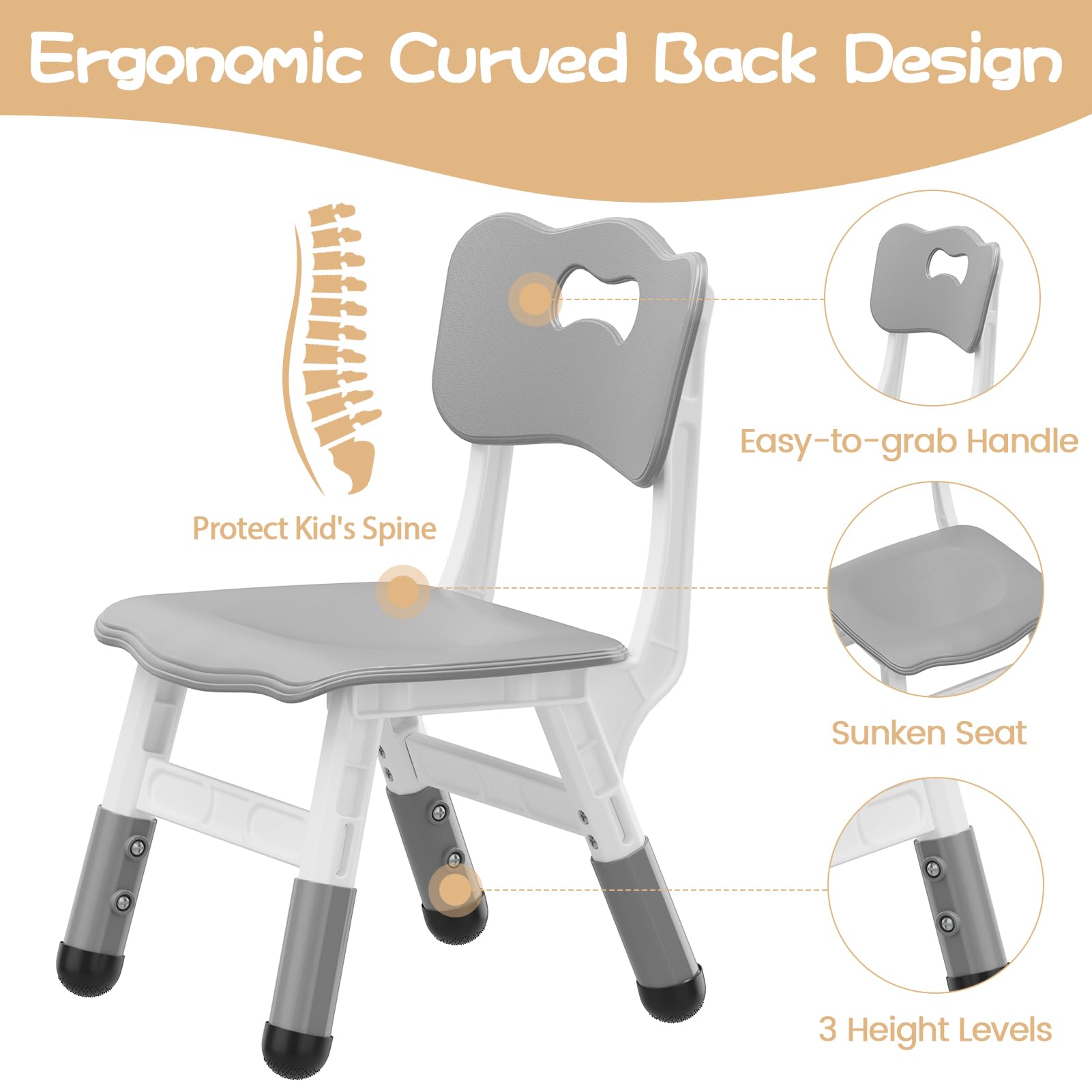 Chaise enfant Garvee, réglable en hauteur (3 niveaux), en plastique robuste, pour garçons et filles, grise, lot de 2, pour la maison et l'école