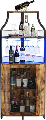 Garvee Meuble à vin meuble d'angle casier à vin industriel avec LED réglable acier et pb design vintage rangement bouteilles et verres salon et cuisine - Rustikales avec LED-licht