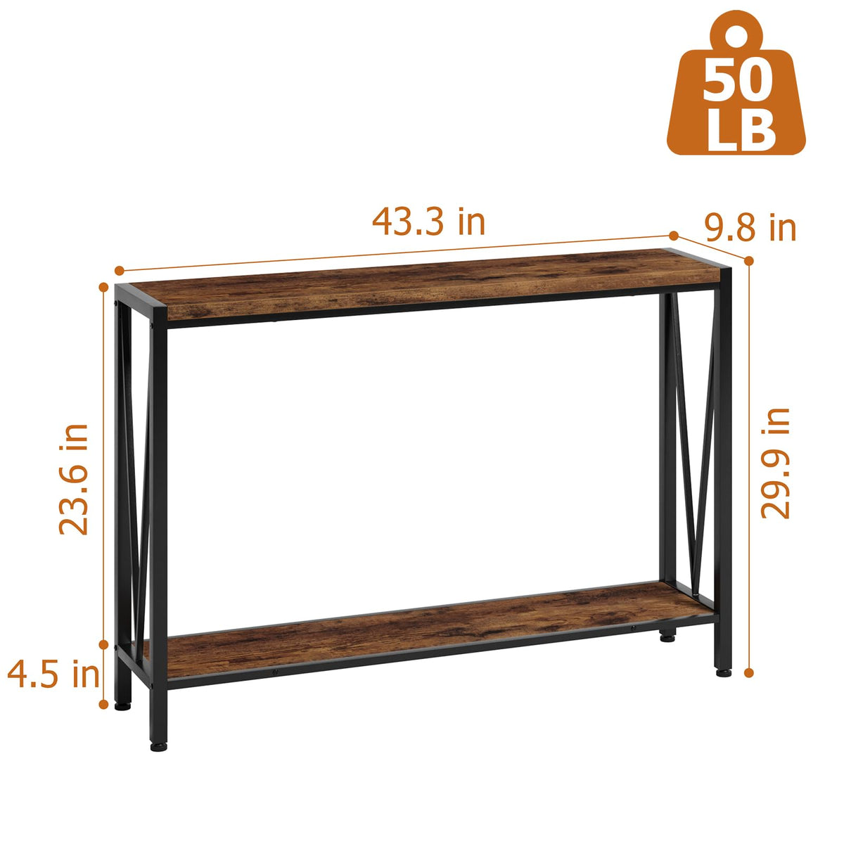 Garvee Console d’entrée étroite 110 x 25 x 76 cm, bois et métal, 2 niveaux avec rangement, style vintage, idéale entrée, salon et couloir.
