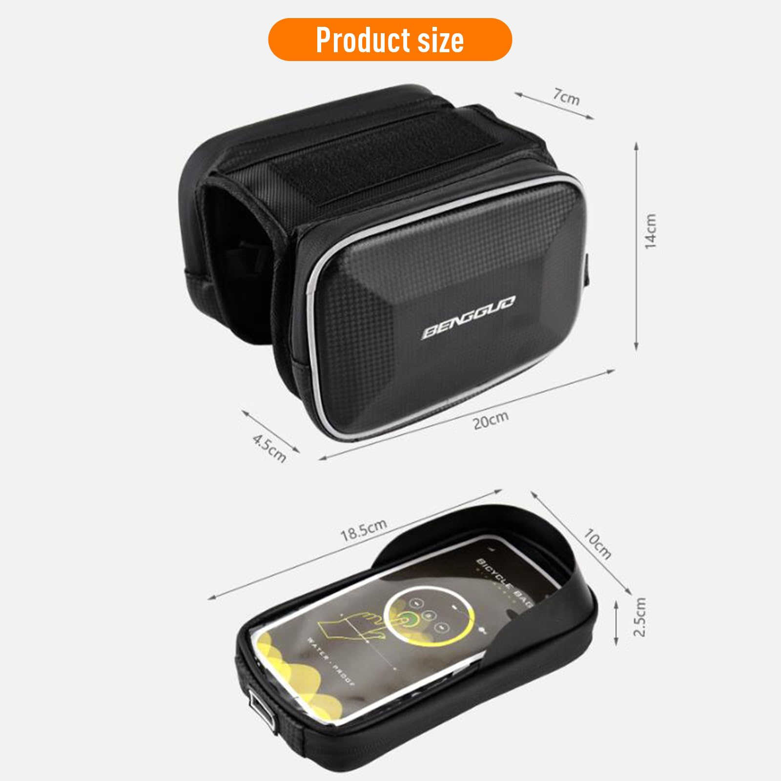 Sacoche de cadre Garvee pour vélo, étanche, réfléchissante, résistante aux déchirures, avec support pour téléphone tactile, idéale pour le VTT et le cyclisme en extérieur, jusqu'à 16,4 cm de diamètre, noire.