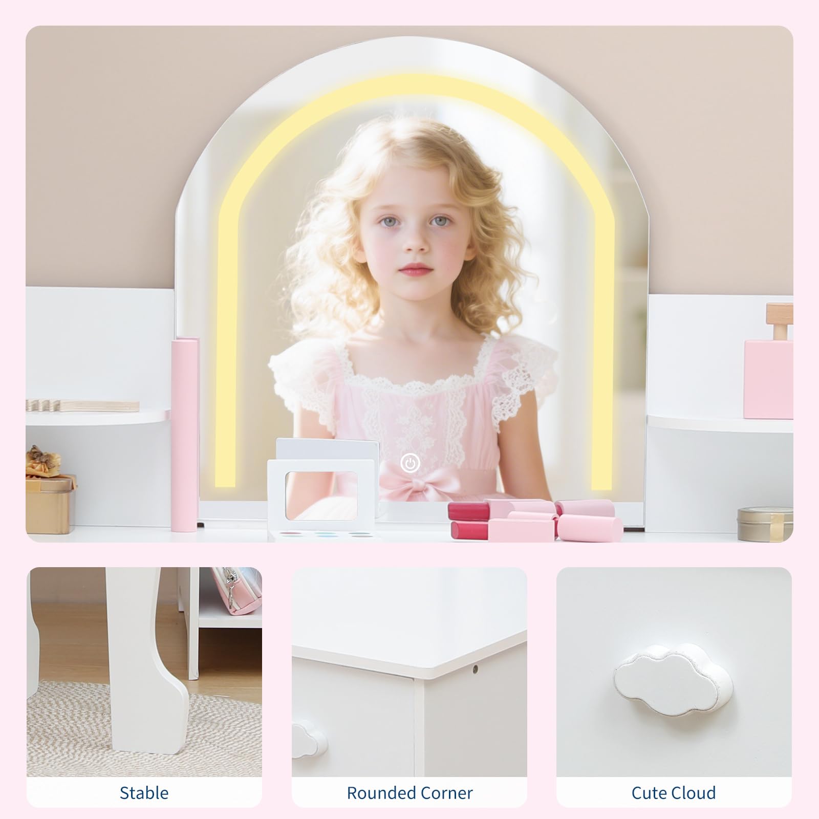 Coiffeuse Garvee pour enfants avec lumière LED et tabouret, réglable, MDF, blanche, pour filles de 3 à 9 ans, salle de jeux et chambre