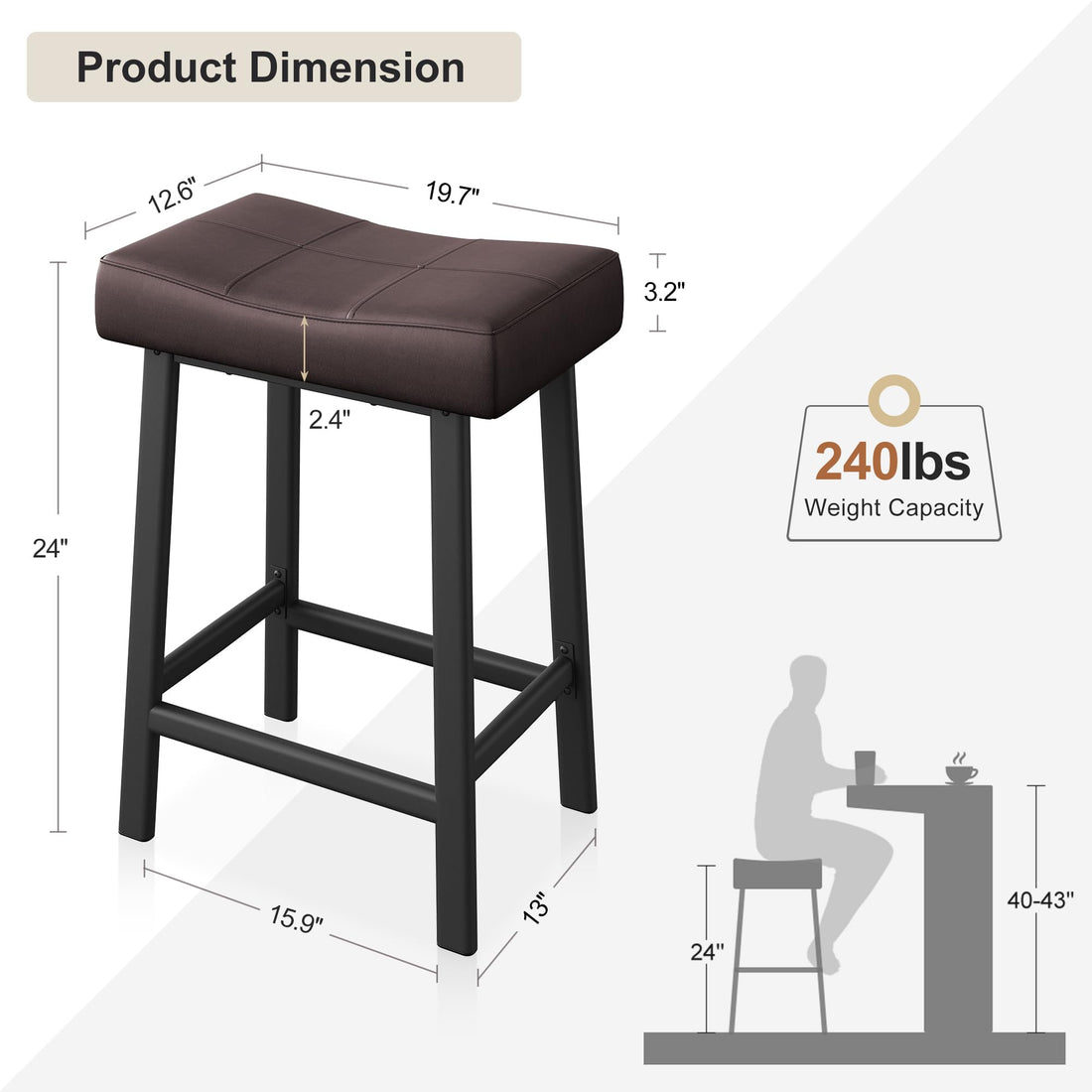 Garvee Lot de 2 tabourets de bar selle 61 cm, sans dossier, assise rembourrée incurvée, pieds métal et repose-pieds, pour îlot de cuisine ou bar, marron