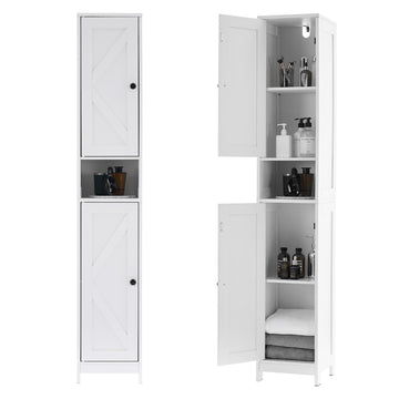 Meuble de salle de bain Garvee 170 cm de haut avec 2 portes coulissantes, 1 tiroir, pour salle de bain et cuisine, en bois, étroit, robuste et polyvalent, avec portes en acrylique transparent et blanc.