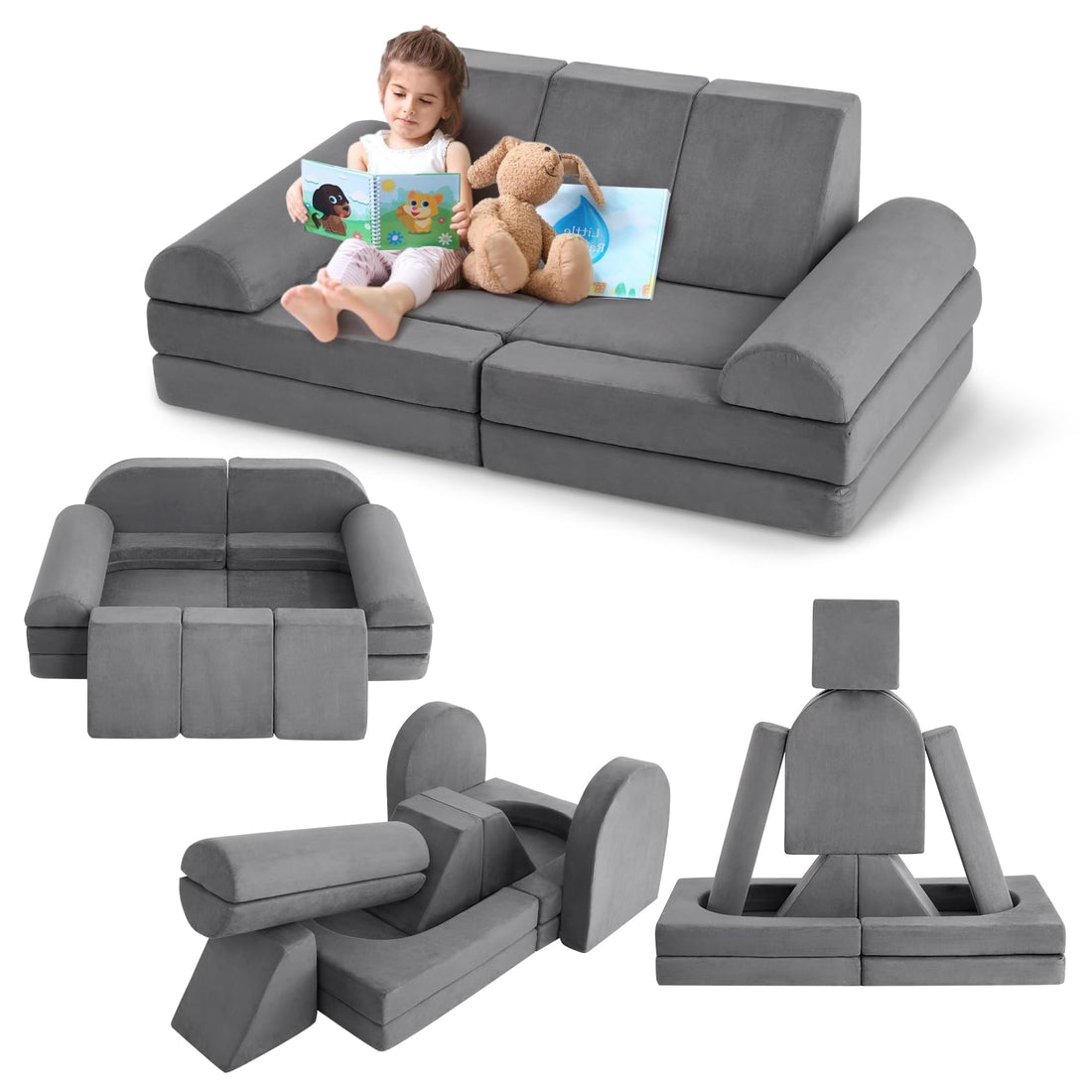 Canapé de jeu modulaire Garvee 10 pièces pour enfants, canapé convertible en mousse, microfibre de luxe, gris foncé, pour des jeux créatifs dans la chambre d'enfant