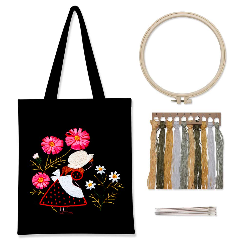 Ensemble de bordures Garvee pour sac en toile avec motif floral, kit de broderie au point de croix, fil à broder, tambour à broder pour filles, idée cadeau de loisirs créatifs.