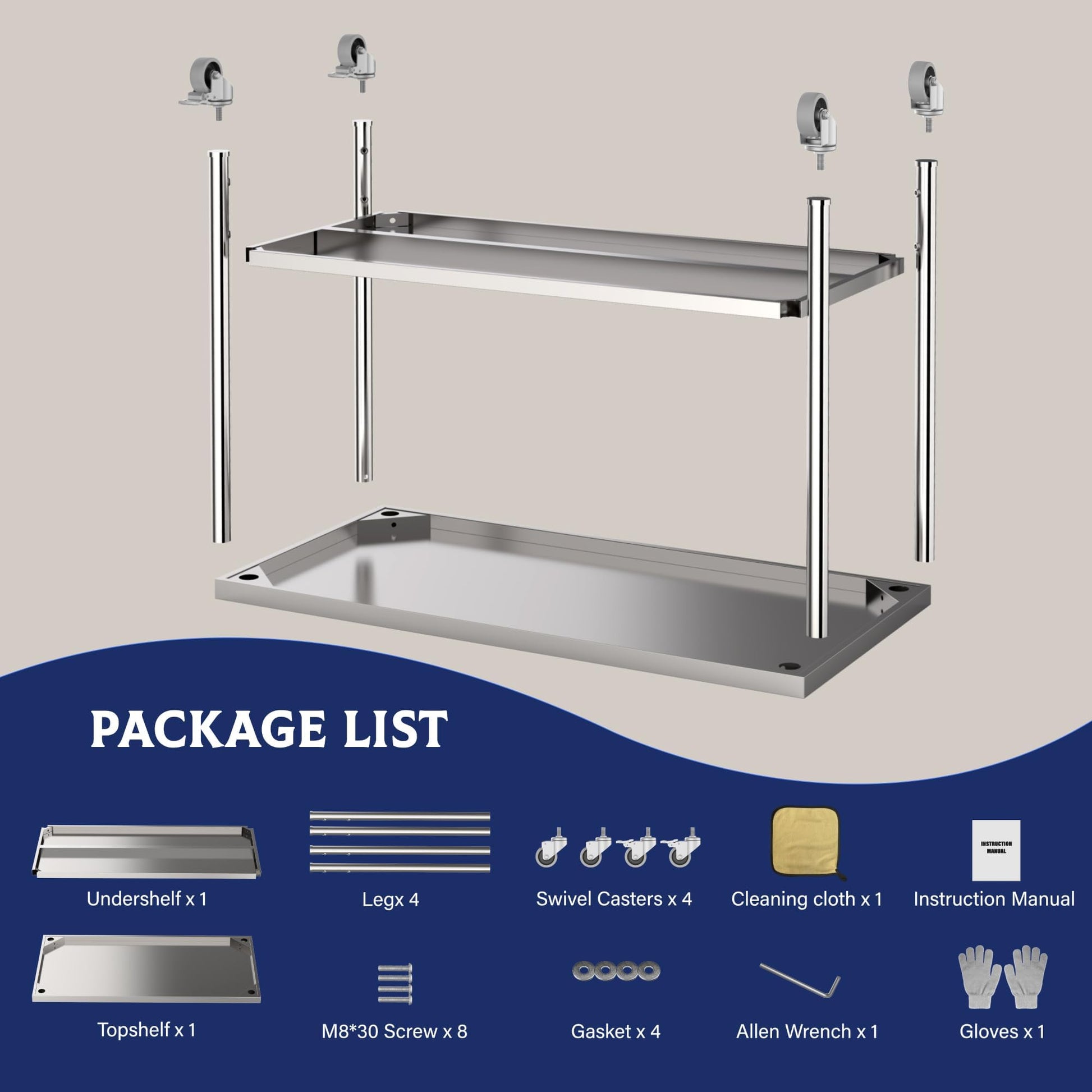 Garvee Table de travail en acier inoxydable, 152 x 61 x 89 cm, étagère réglable en hauteur, roulettes pivotantes à 360°, certifiée NSF