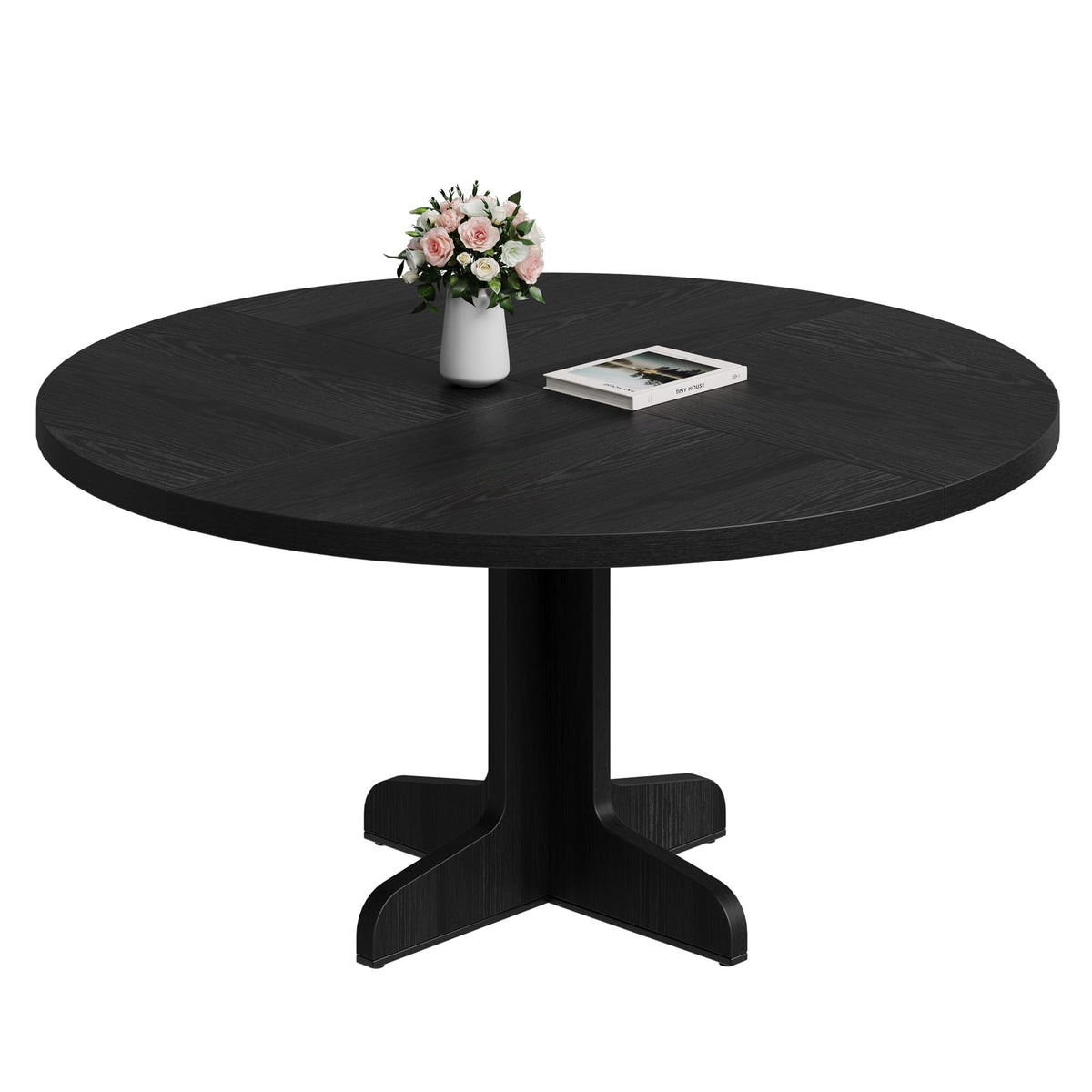 Garvee Table à manger ronde en bois 119 cm pour 4 à 6 personnes, structure robuste réglable, finition noire, idéale cuisine et salon