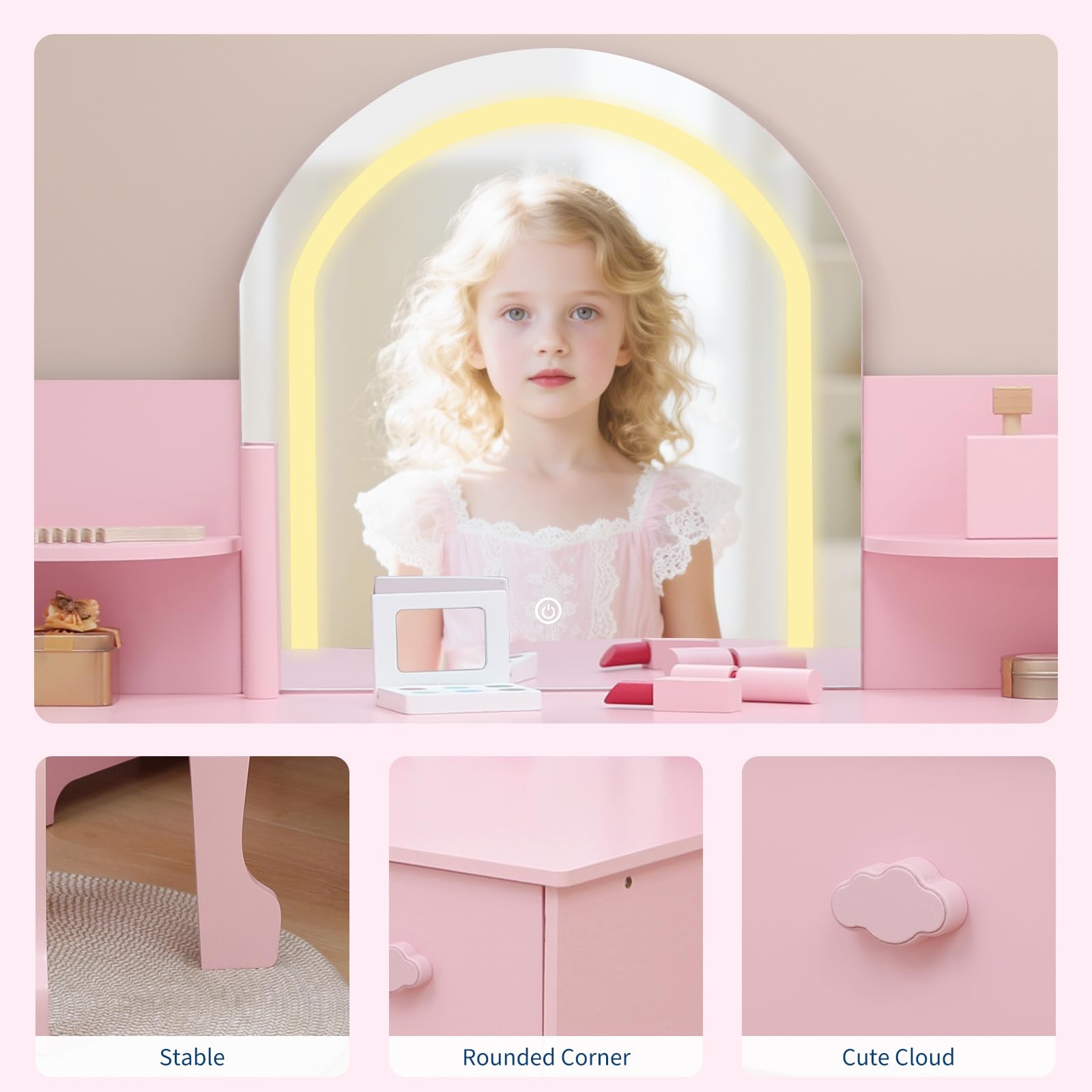 Coiffeuse Garvee pour enfants avec lumière LED, tabouret et étagère, en MDF rose, pour filles de 3 à 9 ans, chambre et salle de jeux