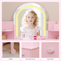Coiffeuse Garvee pour enfants avec lumière LED, tabouret et étagère, en MDF rose, pour filles de 3 à 9 ans, chambre et salle de jeux