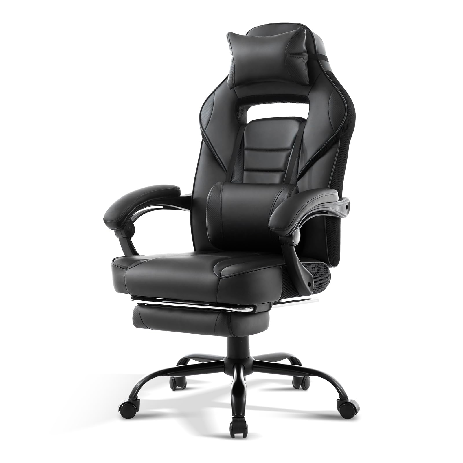 Garvee Chaise gaming ergonomique noire avec repose-pieds, appui-tête et soutien lombaire, pivotante 360°, hauteur réglable, capacité 136 kg, adulte et ado
