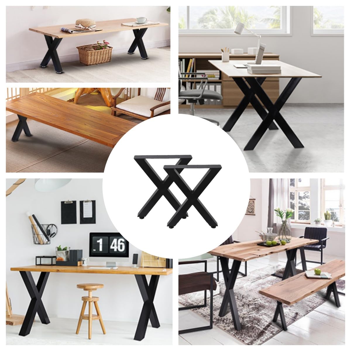 Garvee Lot de 2 pieds de table en métal noir forme X, 71 × 59,4 cm, design creux robuste, pour table de salon, salle à manger, bureau et DIY
