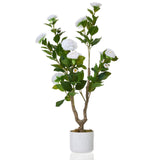 Garvee Lot de 2 camélias artificiels de 90cm avec pot blanc, pour l'intérieur et les espaces extérieurs couverts. Faciles d'entretien, aspect réaliste - Weiß
