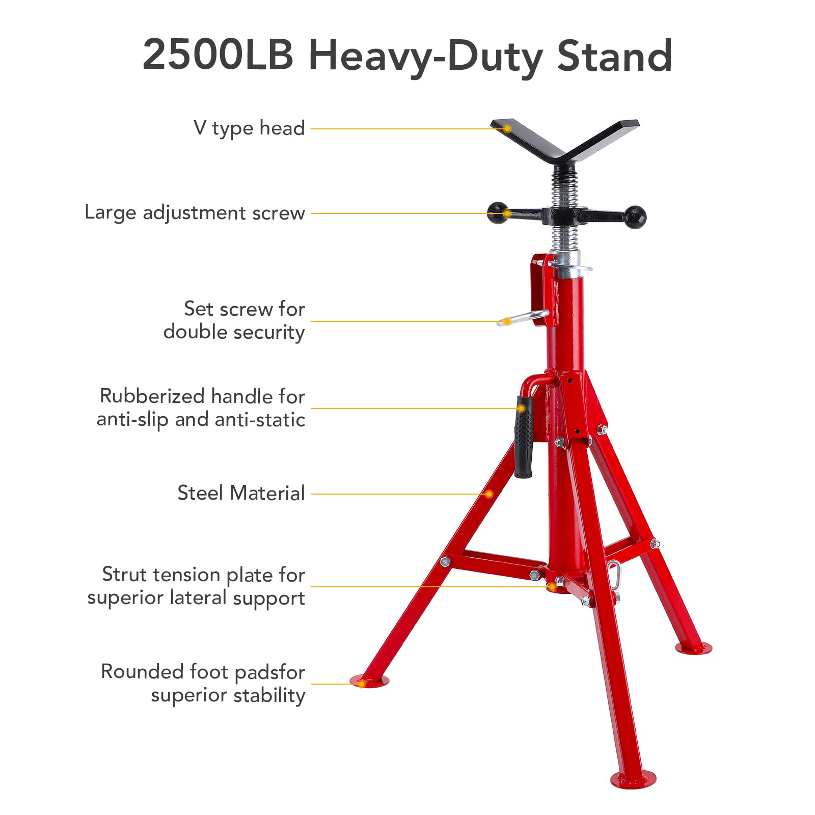 Cric à tête en V GARVEE, capacité de 3 à 30 cm, hauteur réglable de 71 à 132 cm, capacité de levage de 1134 kg, acier au carbone robuste, pliable, portable, cric en acier pour atelier