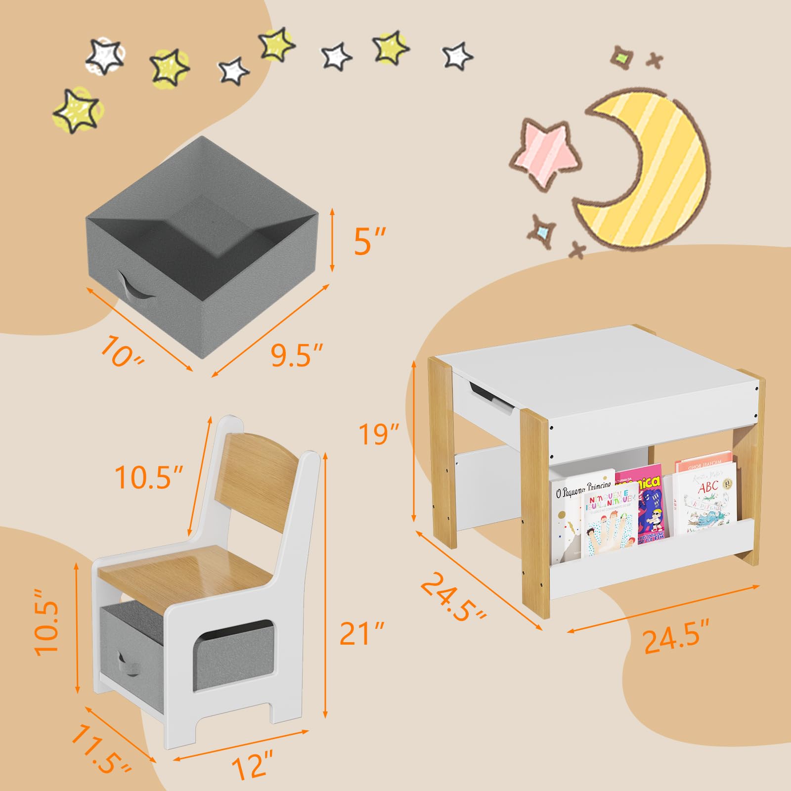 Ensemble table et chaises pour enfants Garvee 4 en 1, table d'activités avec rangement, bois, multifonctionnelle, sûre, pour chambre d'enfant