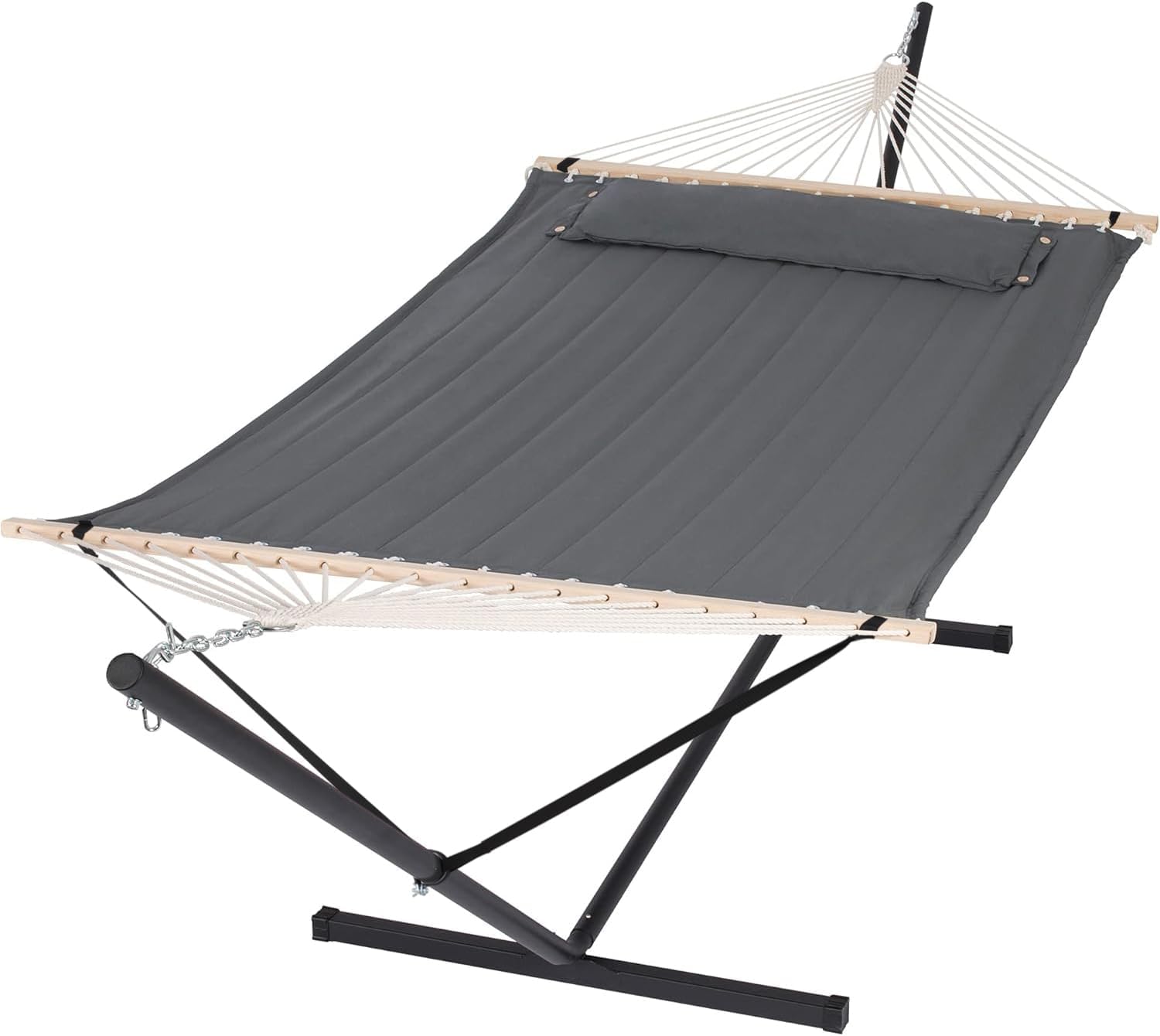 Hamac double Garvee pour 2 personnes, coton, structure en métal, design ergonomique, gris foncé, intérieur et extérieur