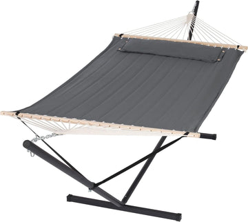 Hamac double Garvee pour 2 personnes, coton, structure en métal, design ergonomique, gris foncé, intérieur et extérieur