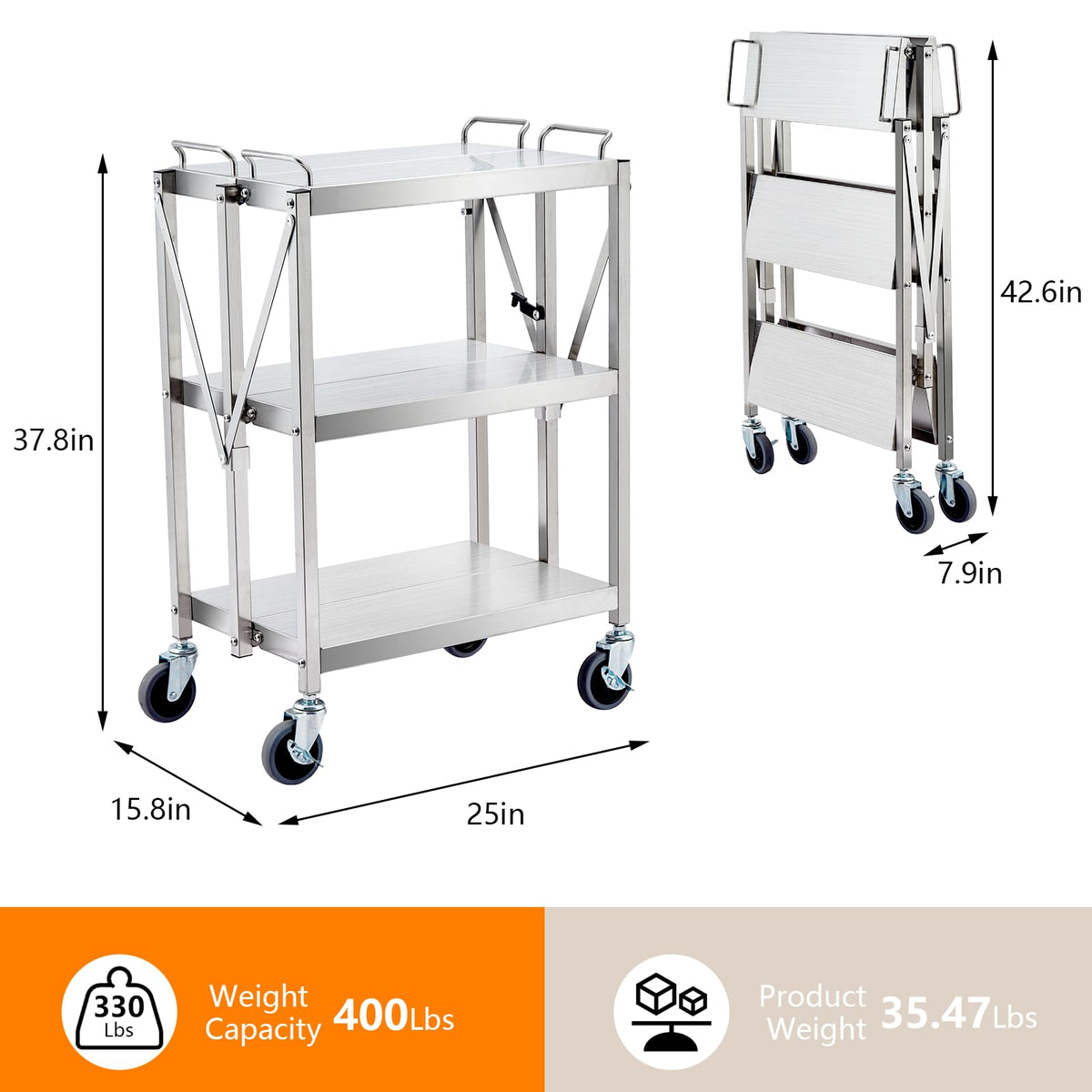 Garvee Chariot de service pliable en acier inoxydable - portable, 3 étagères, avec frein, capacité de charge de 200 kg, argent