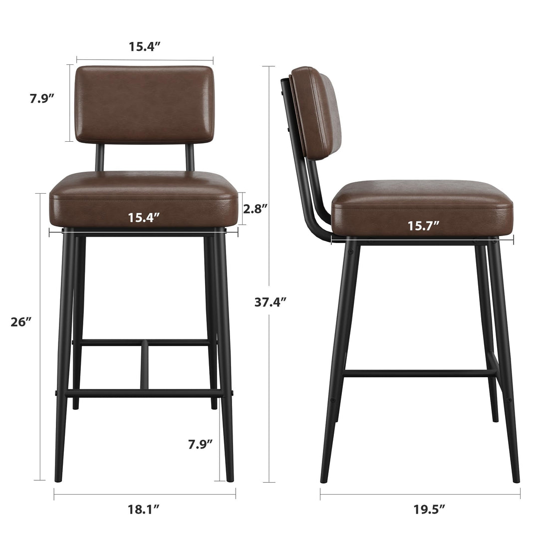 Garvee Ensemble de 2 tabourets de bar, 66 cm, revêtement en similicuir, dossier ergonomique, pieds en métal, pour îlot de cuisine, Marron
