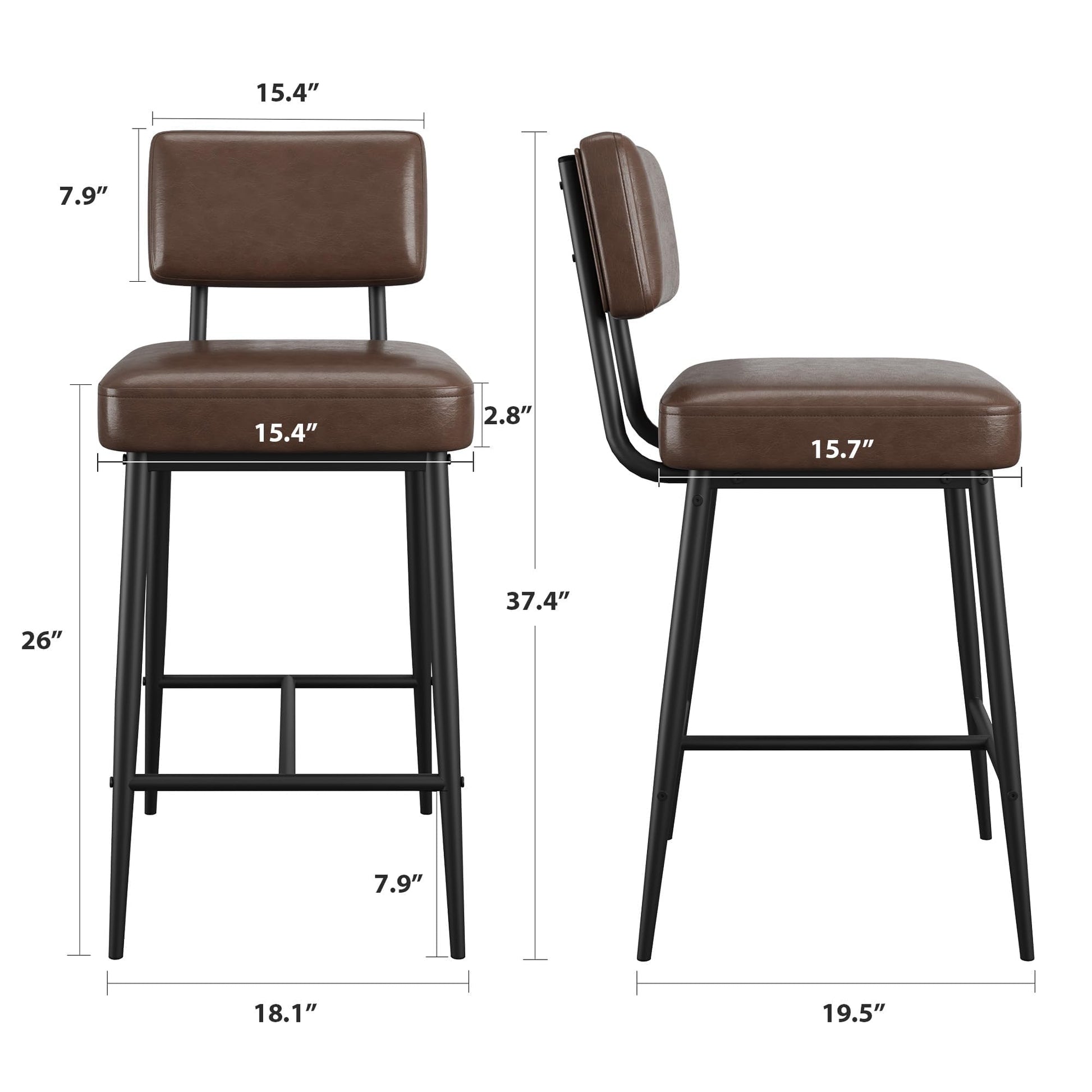 Ensemble de 2 tabourets de bar Garvee, 66 cm (26 po), similicuir, dossier ergonomique, pieds en métal, assise rembourrée, repose-pieds en forme de H, marron, pour îlot de cuisine et bar