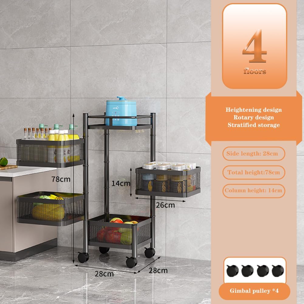 Garvee Chariot de rangement 4 niveaux en acier carbone, 78 × 28 × 28 cm, polyvalent pour cuisine, salle de bain, jouets, fruits et légumes, noir