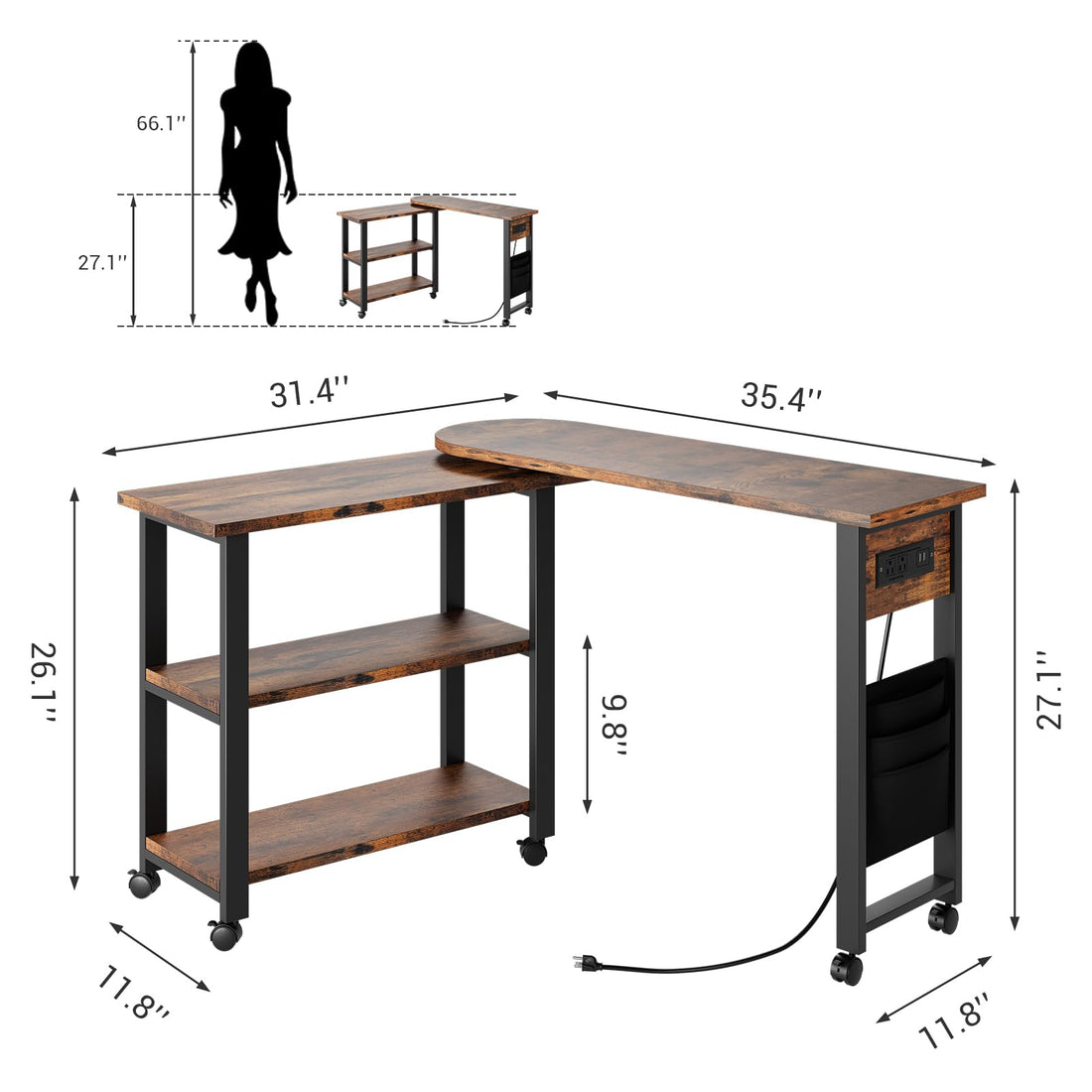 Garvee table d'appoint pivotante à 360° avec station de charge, 6 roulettes, MDF et métal, salon et chambre, noire