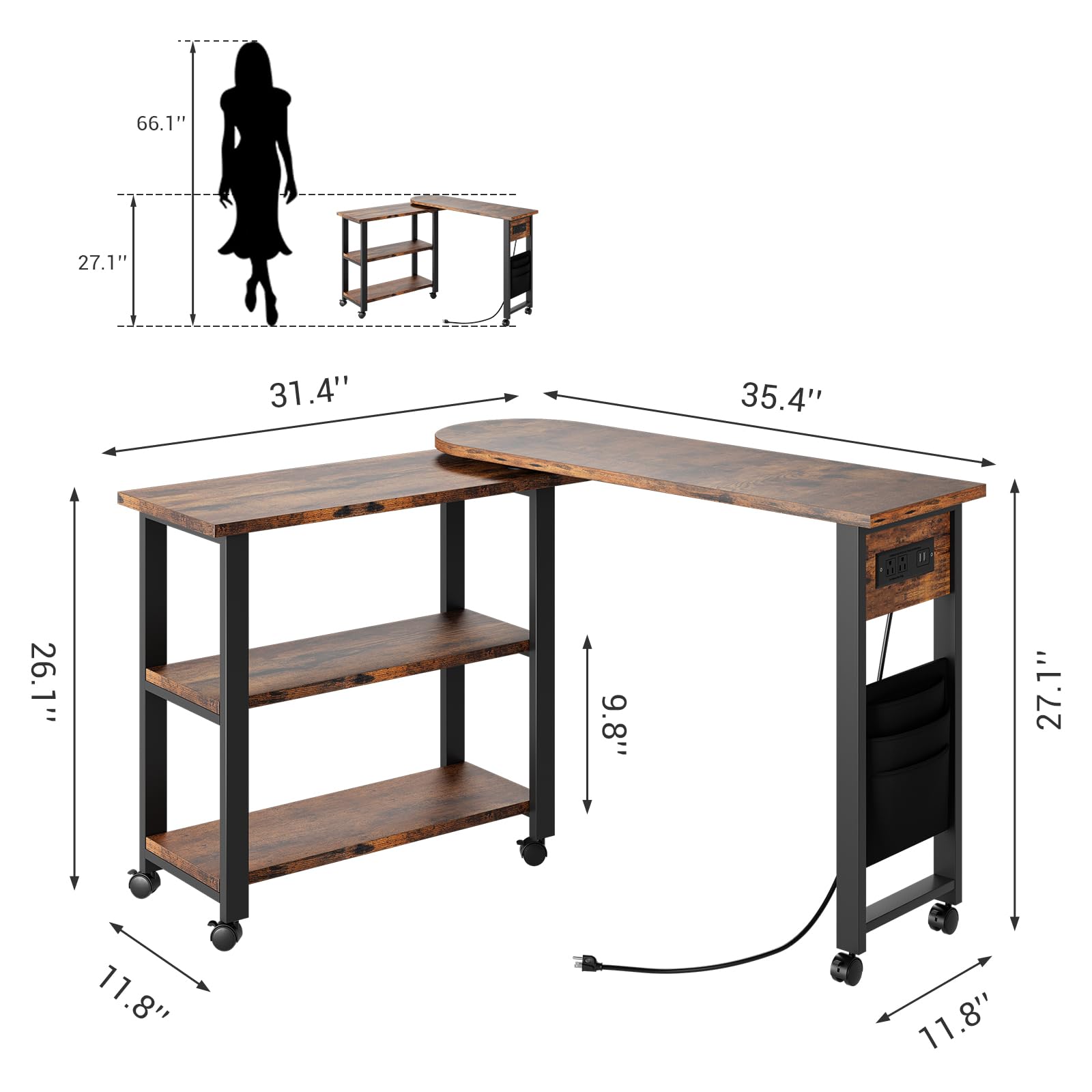 Table d'appoint pivotante à 360° Garvee avec station de charge, 6 roulettes avec freins, MDF et métal, robuste, noire, idéale pour le salon et la chambre.