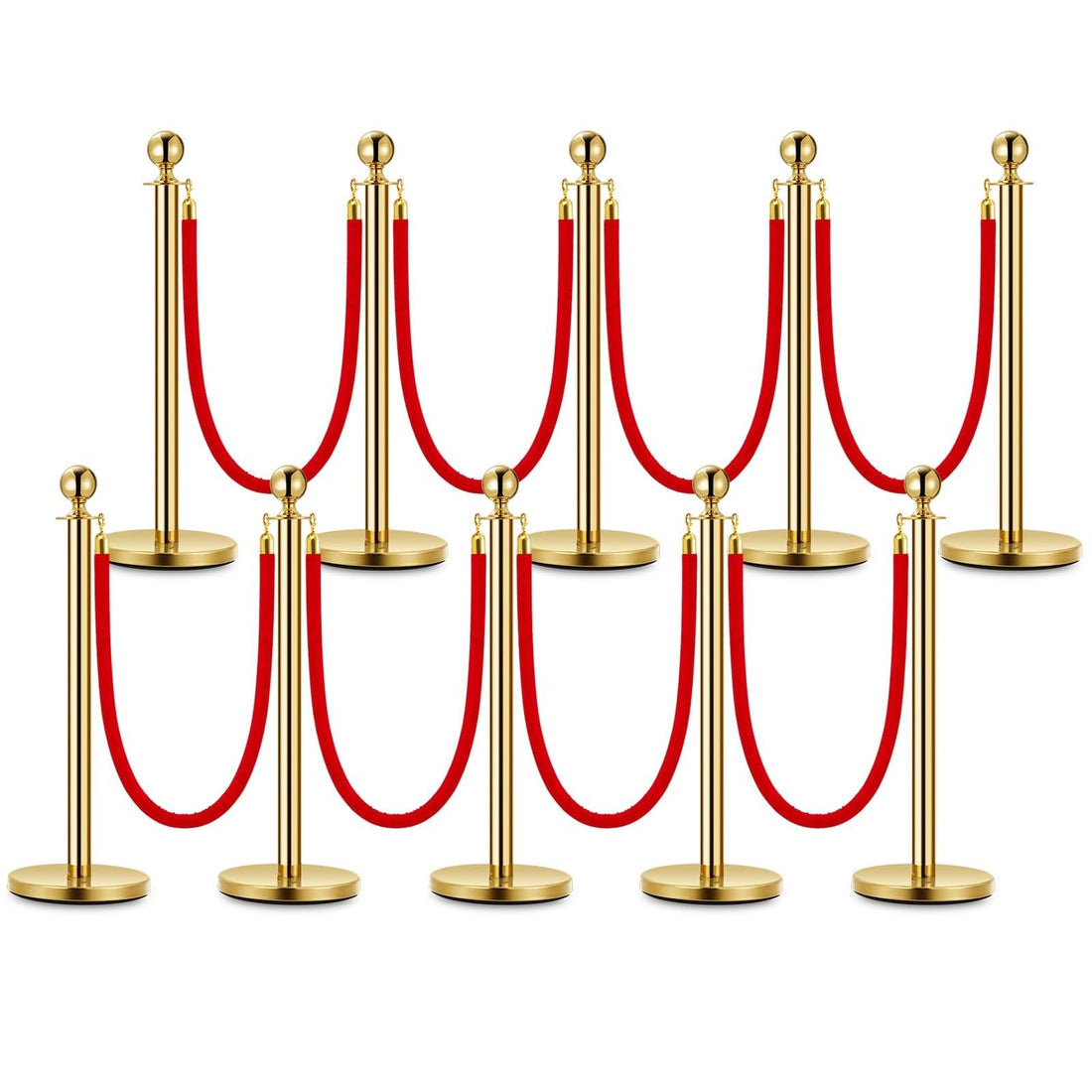 Garvee Lot de 10 poteaux de guidage avec cordes en velours rouge, acier inoxydable, base antidérapante, montage facile, pour événements et hôtels