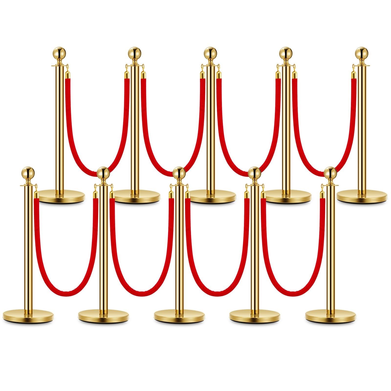 Garvee Lot de 10 poteaux de guidage avec cordes en velours rouge, acier inoxydable, base antidérapante, montage facile, pour événements et hôtels