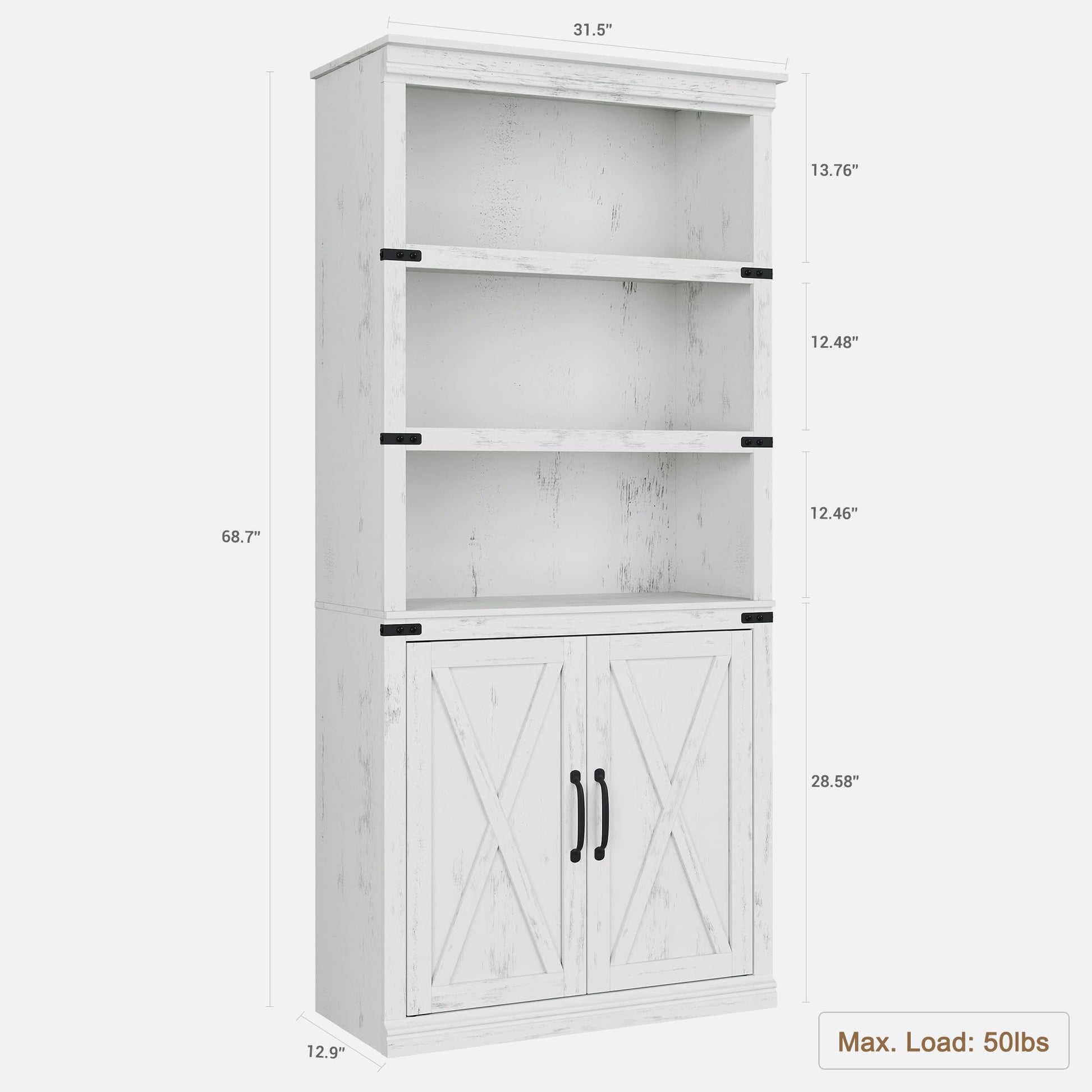 Garvee bibliothèque de style campagne avec portes, 5 niveaux, 178 cm de haut, bois, salon, bureau, brune