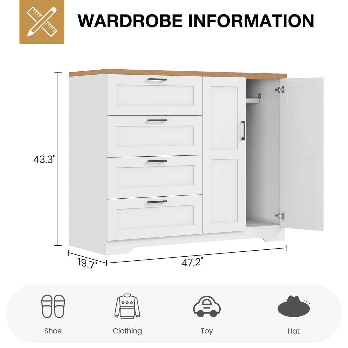 Garvee commode/armoire multifonctionnelle en bois avec 2 portes et 4 tiroirs pour chambre et dressing, imperméable, bois naturel