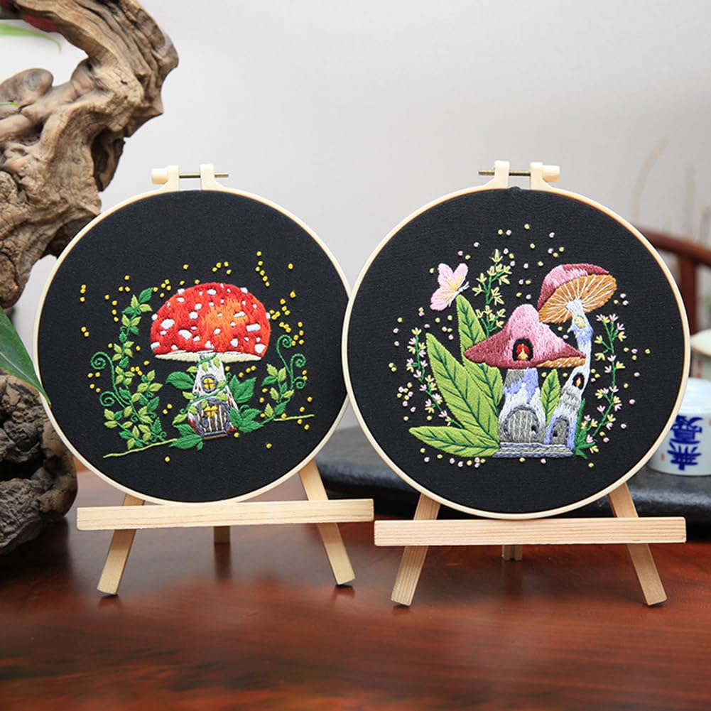 Kit de broderie GARVEE 5 pièces pour débutants, motif champignons, point de croix, kit de couture pratique, décoration en coton, kit de démarrage pour la maison