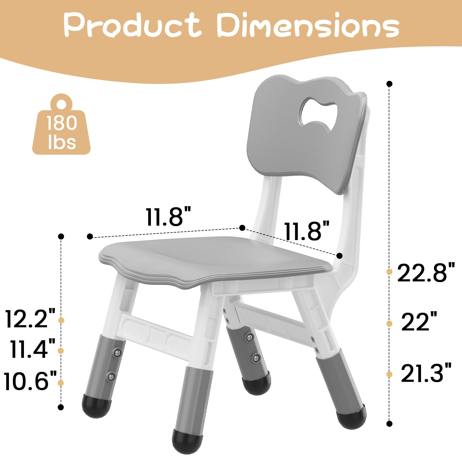 Chaise enfant Garvee, réglable en hauteur (3 niveaux), en plastique robuste, pour garçons et filles, grise, lot de 2, pour la maison et l'école